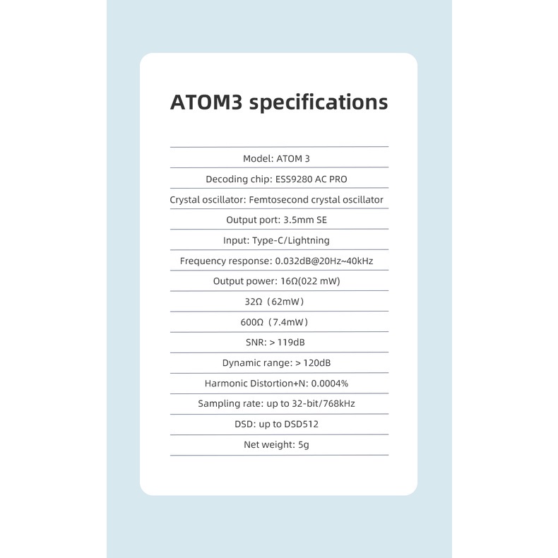 Atom3 ESS9280 AC Pro Headphone Amplifier DAC Atom 3 DSD512 3.5mm SE Output USB Tipe C / lighting Input DAC Amp