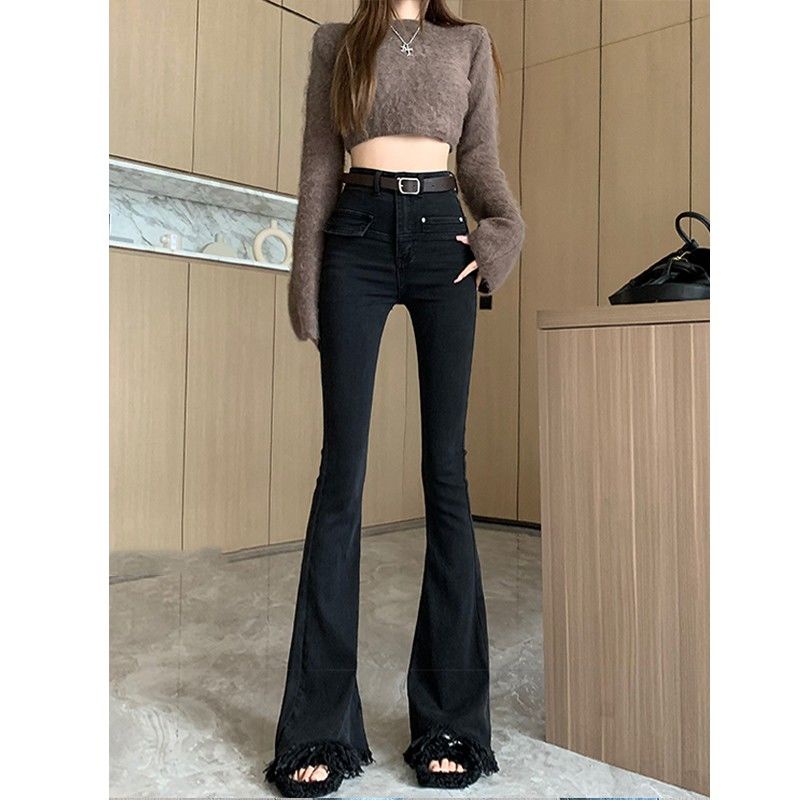 Suhao high-waisted fringed sedikit flared jeans wanita slim fit dan high flared pants desain musim gugur dan musim dingin ditambah velvet mopping pants