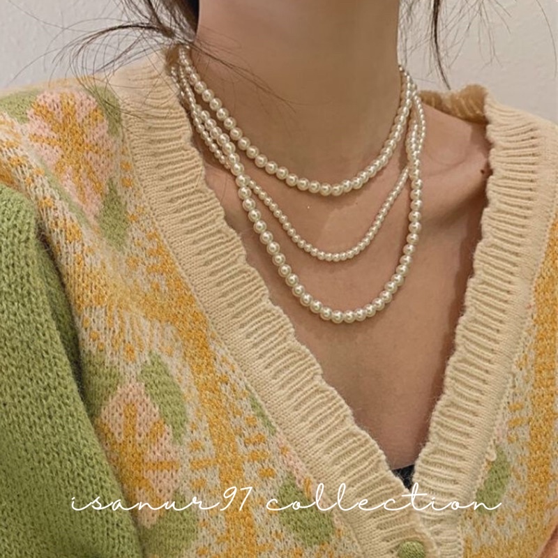 LISA PEARL NECKLACE | Kalung Mutiara 3 Layer Kalung Korean Fashion 3 Tumpuk