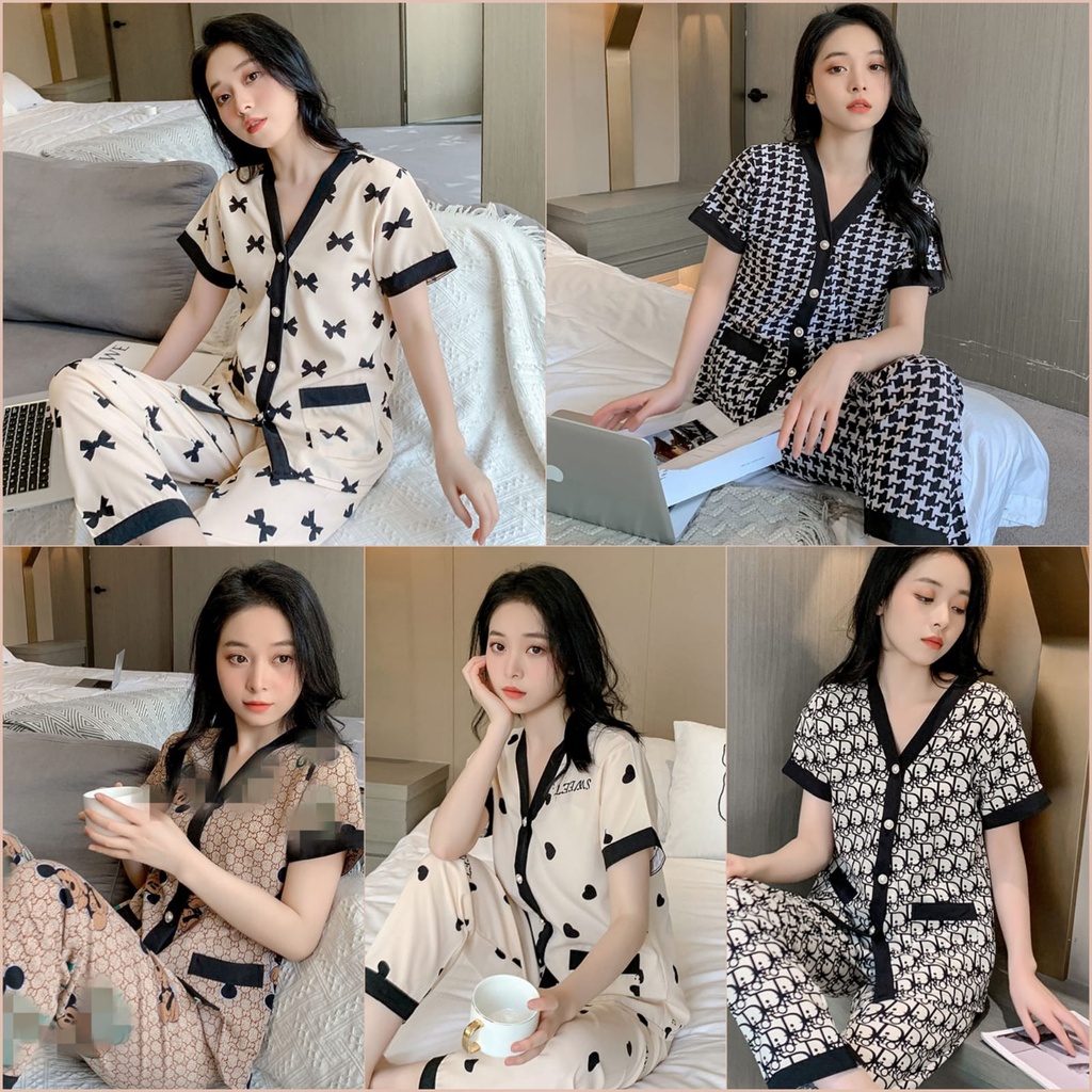 TELLY ➡️ 341set baju tidur Baru musim panas es sutra piyama wanita atasan lengan pendek + celana setelan homewear