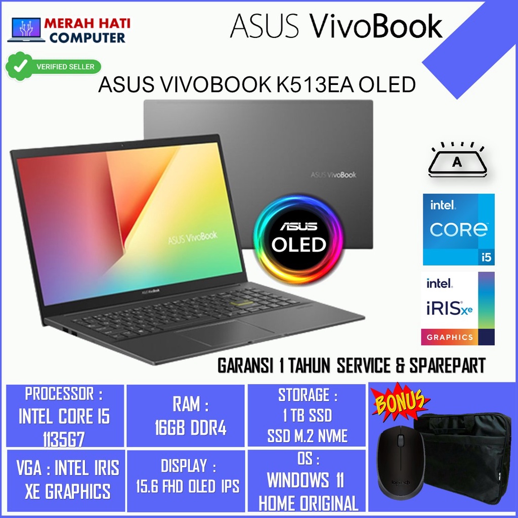 Laptop Asus Vivobook Ultra 15 K513EA Intel i5 1135G7 RAM 16GB SSD 1TB BACKLIT OLED IPS Windows 10 Original Terlaris