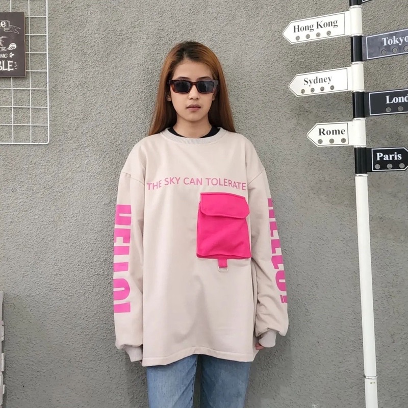 Sweater wanita HELLO POCKY PINK OVERSIZE  Sweater wanita pocket baju wanita Fleece atasan wanita Korea style