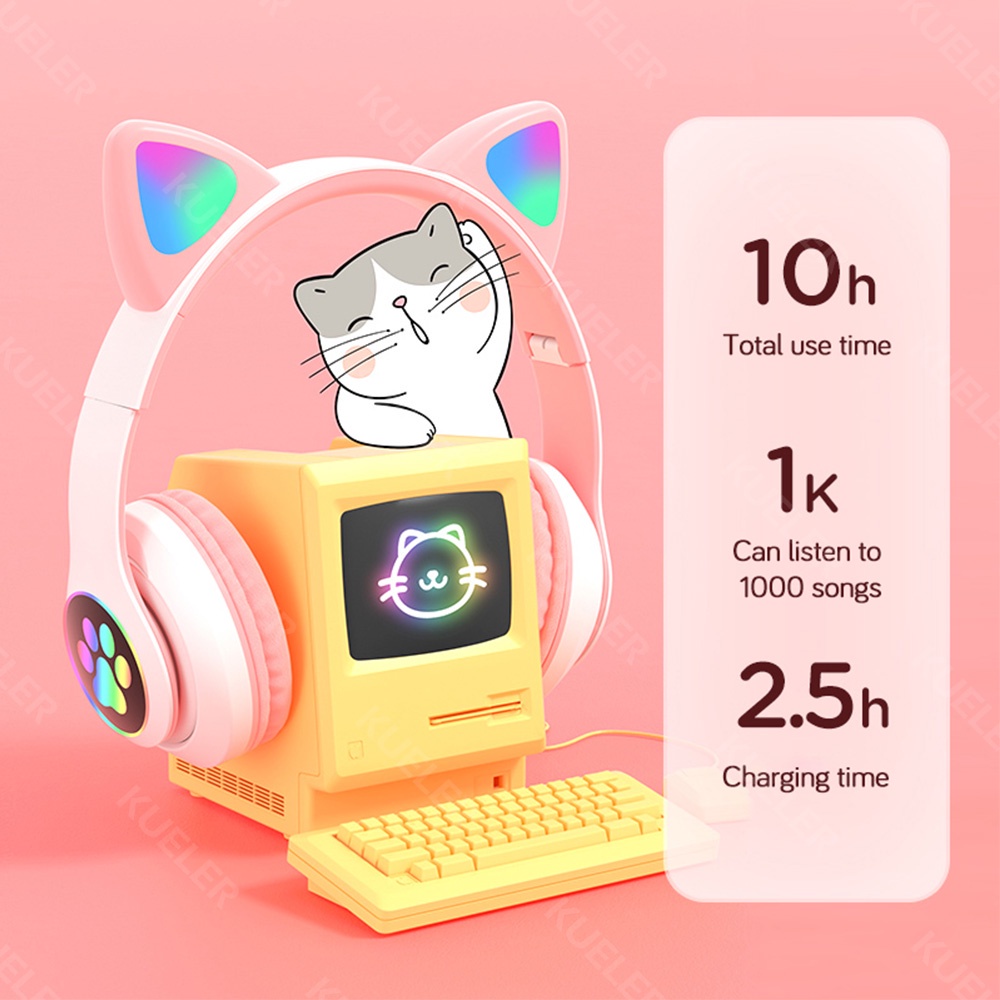 STN-28 Lipat LED Cat Ear Bluetooth Headphone dengan Mic HiFi Stereo Wireless Headphone Gaming Headset Tidak Ada Penundaan Cute Handset Bluetooth Henset Bloetooth Hedset Gaming