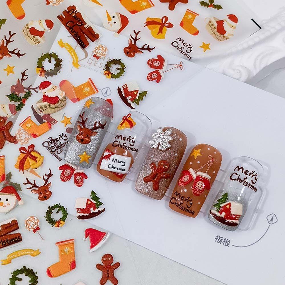 AUGUSTINA Agustinina Stiker Kuku Natal Motif Kotak Relief Lonceng Elk Santa Claus Snowman Nail Art Dekorasi
