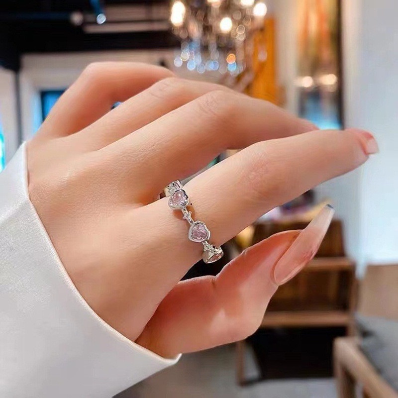 Cincin Model Terbuka Desain Geometris Hati Aksen Berlian Imitasi Gaya Jepang Korea Selatan