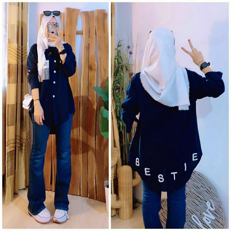 Kemeja Bestie, KEMEJA WANITA CANTIK MODIS FIT XXL LD 110 BAHAN LINEN IMPORT MIX BORDIR TERMURAH OOTD