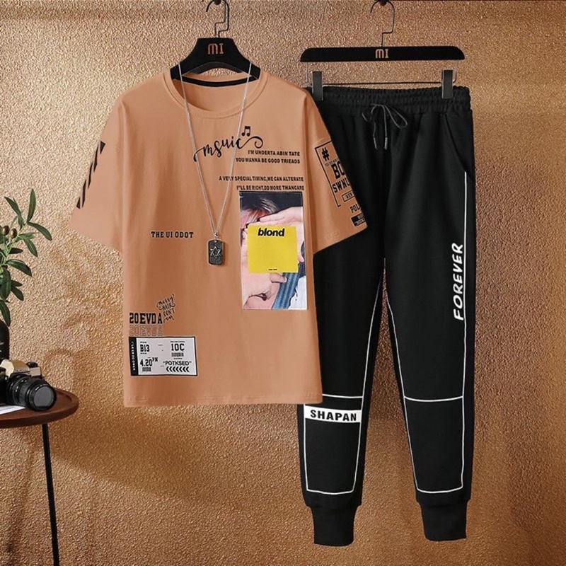 BAJU STELAN HUOHUO COWOK SETELAN PRIA KAOS PENDEK + CELANA JOGGER PANTS PANJANG