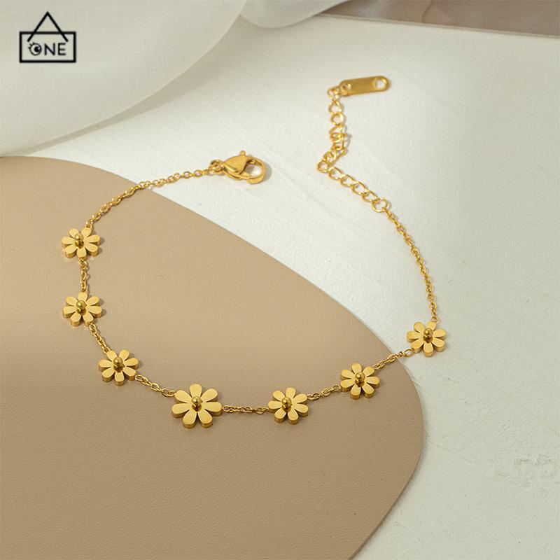 COD❤️Gelang Kaki Titanium Anti Karat Daisy Bunga Kamelia Emas 18k Perhiasan Wanita Korea-A.one