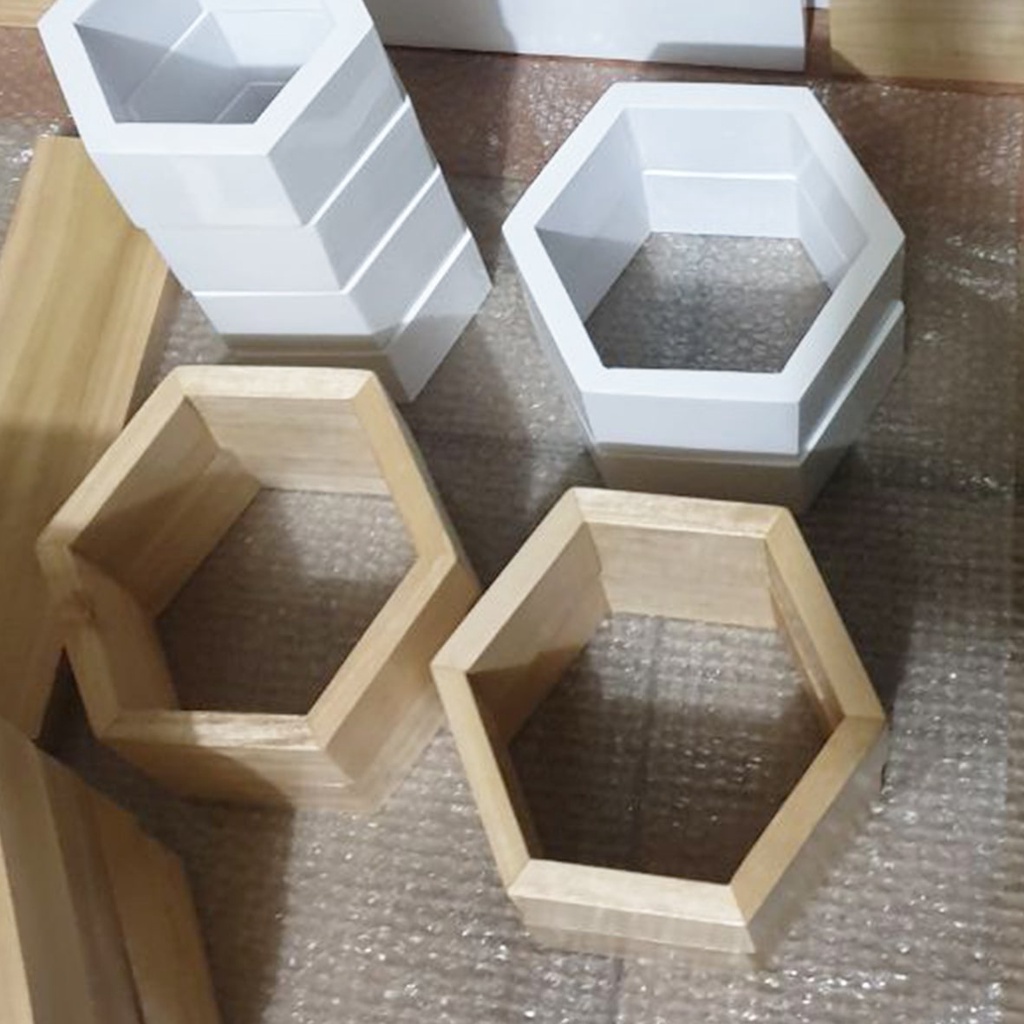 Rak Dinding Hexagonal Gantung Hiasan Tembok Dekorasi  Tempel Kamar Tidur Ruang Tamu Minimalis Kayu
