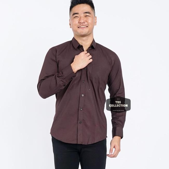 Baju Hem Kemeja Lengan Panjang Pria Coklat Dark Brown Polos Cowok 3242 - Cokelat Tua, M