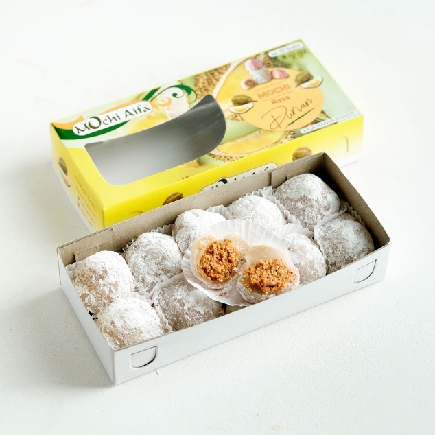 

Mochi Aifa rasa Durian pada adonannya yang di balut sagu/wijen