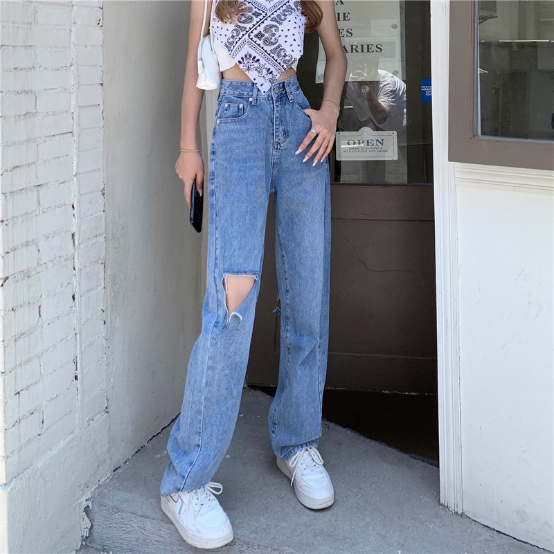 Sobek-sobek Highwaist Straight Loose Celana Jeans Wanita Murah