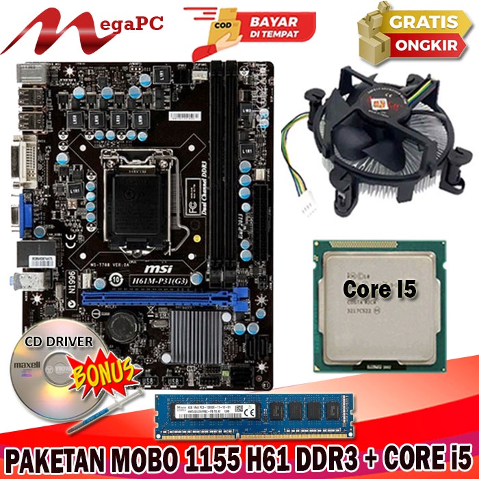 Paket Mainboard LGA 1155 H61 Ddr3 + Core i5 3470 + FAN + RAM Ddr3 4GB