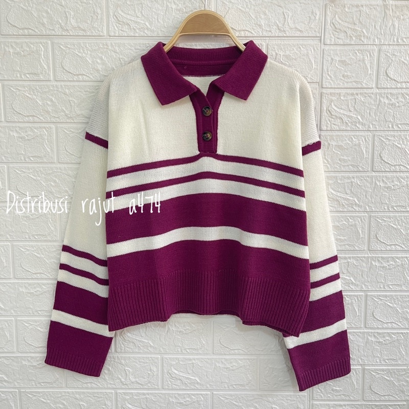 PEPONI Sweater Rajut Oversize Kerah Polo Kancing Stripe Premium Korean