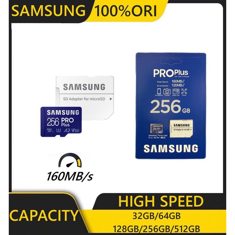 Kartu Memori 32GB/64GB/128GB/256GB/512GB Samsung PRO PLUS Micro SD Card Class 10  U3 A2 V30 4K Memory CardTransfer higga 160MB/S SD TF Card FREE Adapter