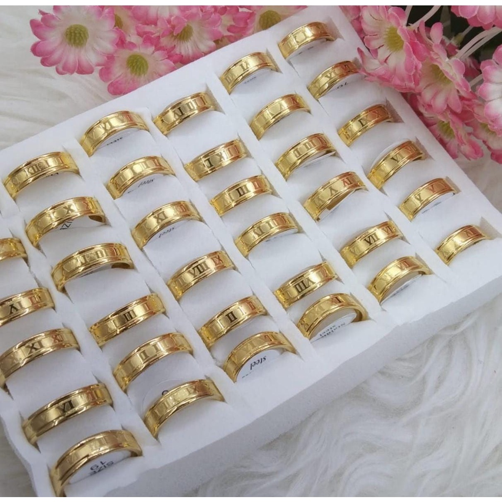 CINCIN TITANIUM GROSIR 1 BOX ISI 36 PCS UKURAN 16 SAMPAI 19 / MOTIF GOLD EMAS ANGKA ROMAWI/ DUNIA GELANG