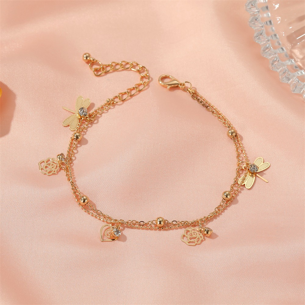 Gelang Kaki Rantai double layer Desain Capung Mawar Untuk Wanita