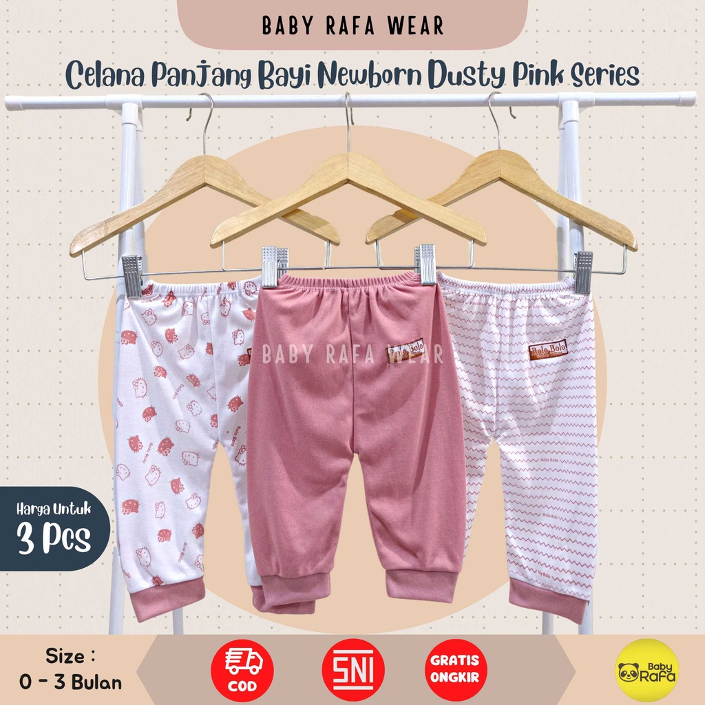 Serian Dusty - 3 pcs Celana Panjang Bayi Baru Lahir 0 - 3 Bulan Pink Dusty Series merk SNI Bolo - Bolo
