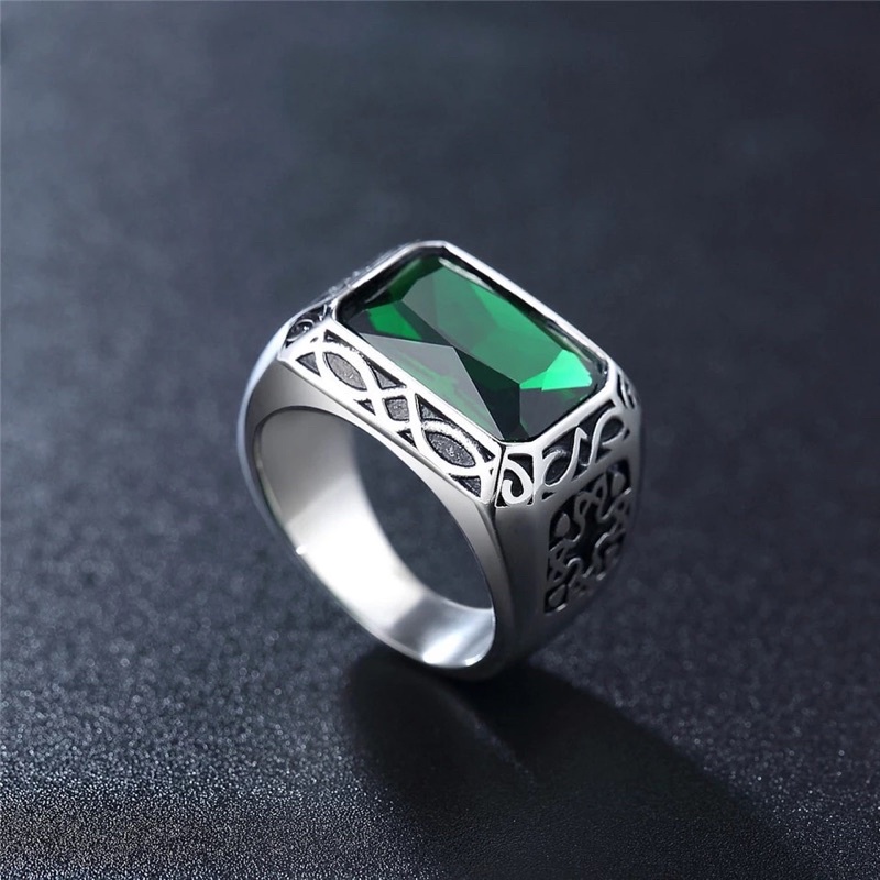 Cincin Batu Zamrud Emerald Hijau Botol Ring Titanium Mewah