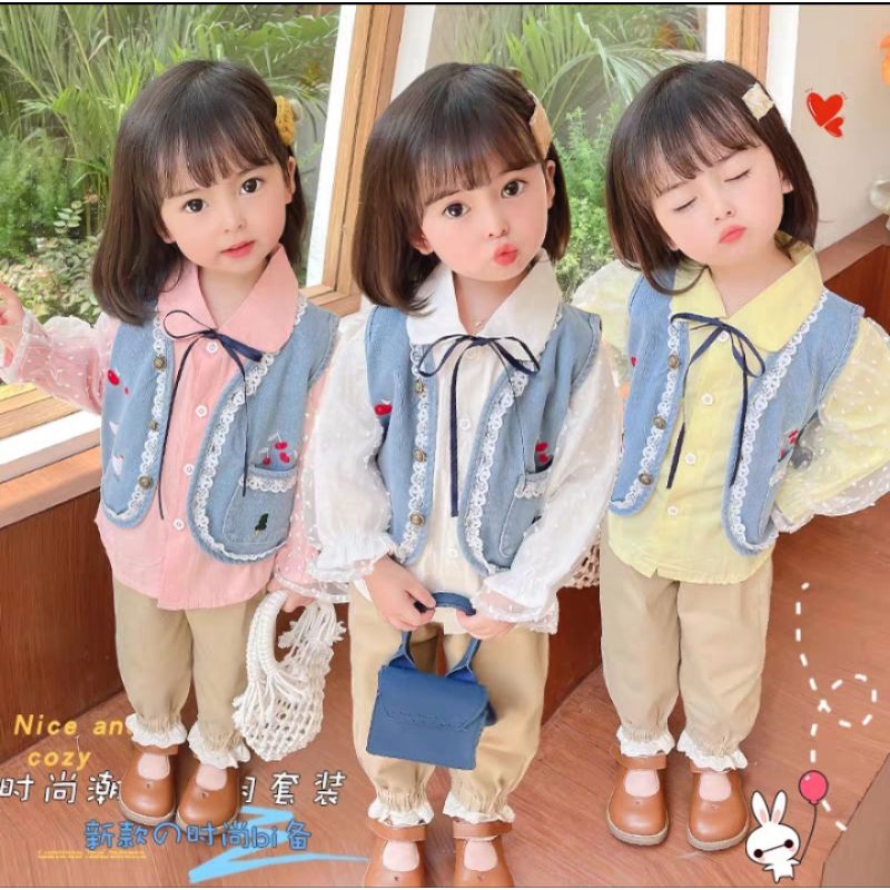 NEW ARRIVAL 3IN1 ONESET SETELAN VEST JEANS BORDIR + INER KEMEJA  + CELANA IMPORT KUALITAS SUPER PREM