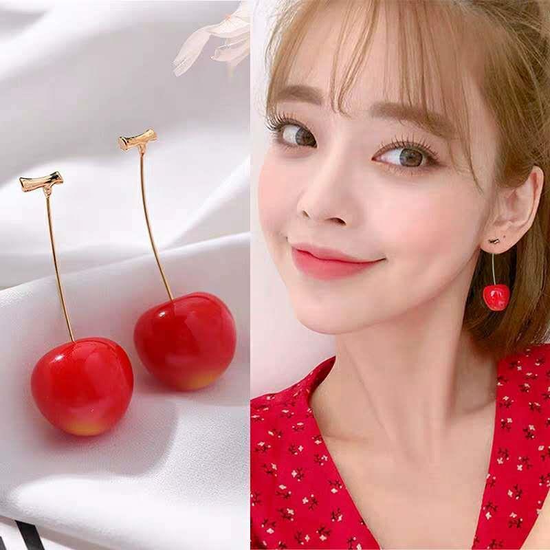 Anting Tusuk Gantung Panjang Desain Buah Ceri Merah Gaya Korea / Simple / Unik Untuk Wanita