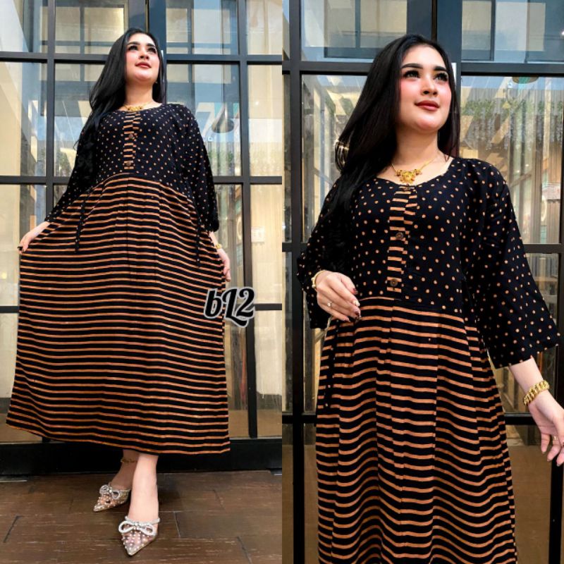 DRESS JUMBO KANCING DEPAN KOMBINASI TERBARU LENGAN 3/4 BAHAN TEBAL DAN ADEM