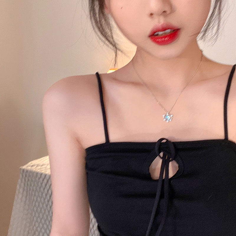 YEEZII Kalung Rantai Choker Liontin Hati Kristal Permata Warna Silver Untuk Wanita