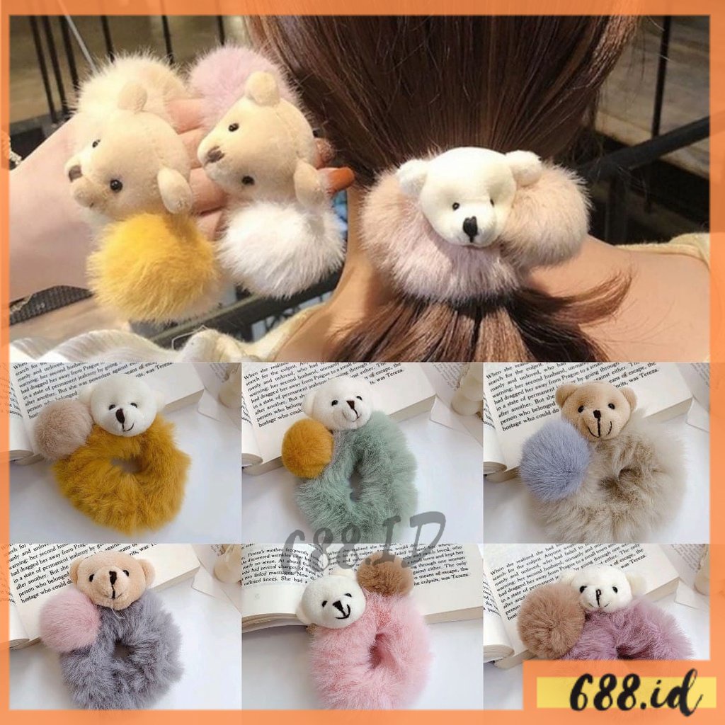 Ikat Rambut Scrunchie Bulu Lembut Tebal Model Kepala Beruang Teddy Bear untuk Wanita Anak Dewasa KCR 03