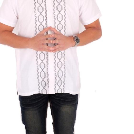 kemeja koko polos kerah sanghai lengan pendek pria muslim - Biru, M