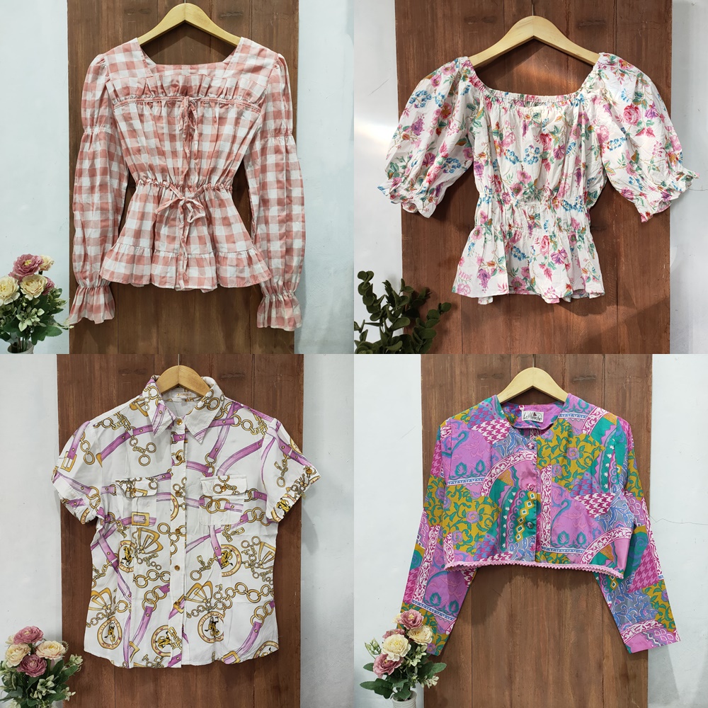Blouse kemeja vintage rantai kotak bunga crop ruffle sabrina smock