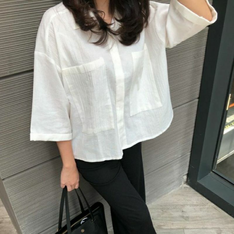 Blouse Linen Angel/kemeja pocket/Atasan wanita korea