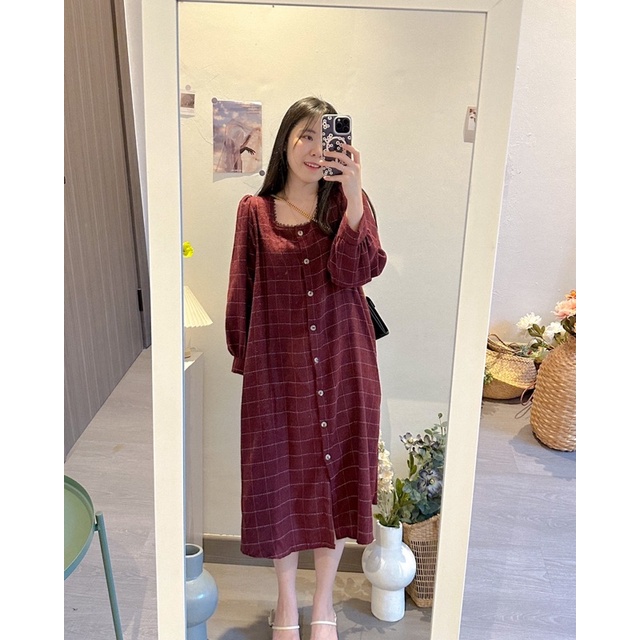 KANON - Lucy Flannel Dress with Belt - Dress midi flannel motif kotak-kotak design vintage korean look