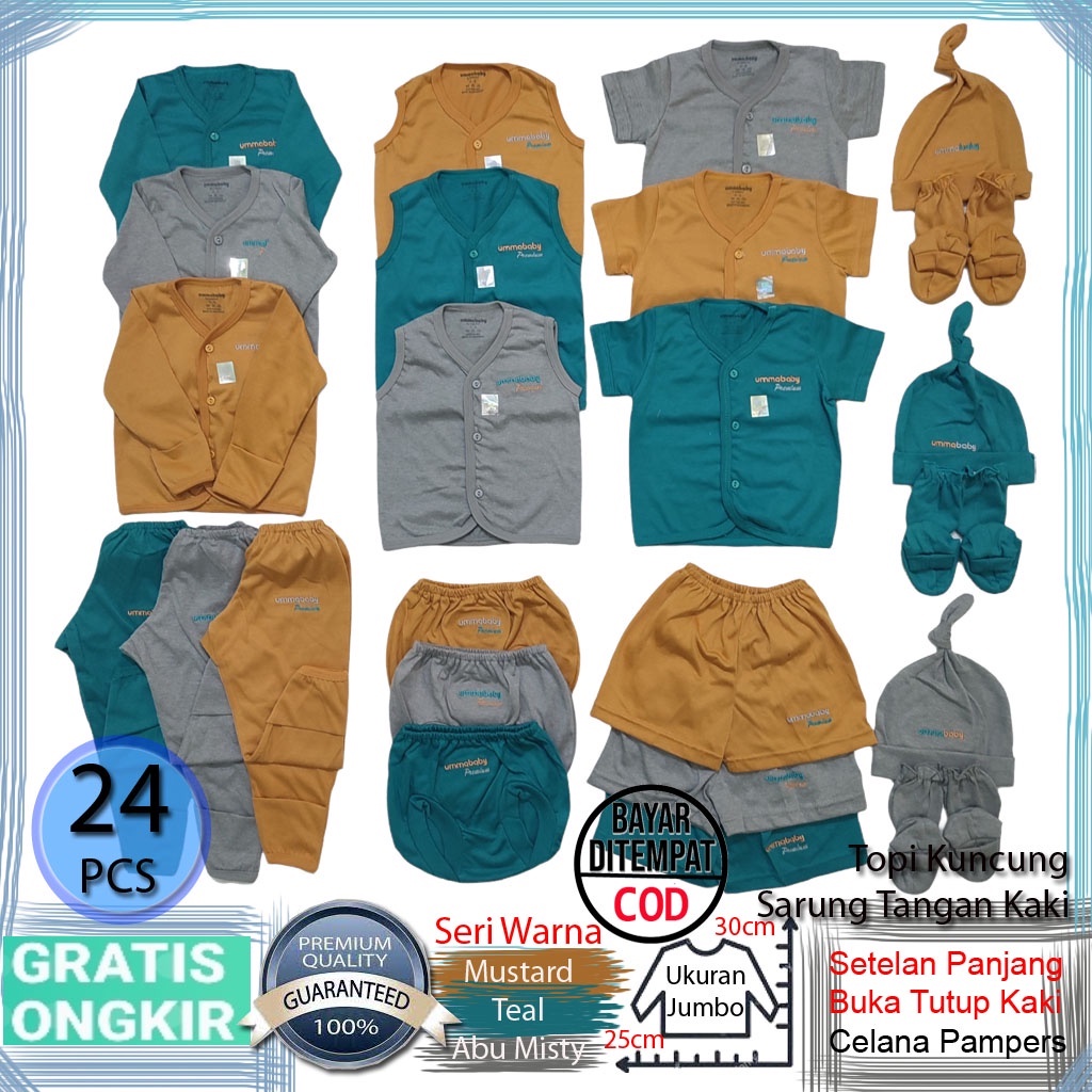 Paket 24 pcs Baju Bayi Newborn 0-6 Bulan Perlengkapan Bayi Baru Lahir Kado Celana Pampers Setelan Panjang Buka Kaki Gift Set Topi Kuncung Sarung Tangan Kaki Persiapan Lahiran Garansi Premium SNI COD Bayar Ditempat Laki Perempuan