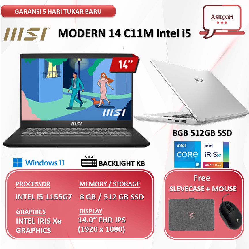 Laptop Gaming MSI Modern 14 i5 1155G7 512ssd 8GB RAM IRIS xe 14.0FHD IPS W11 C11M.004