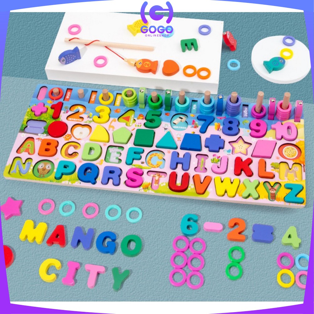 GOGO-M94 Mainan Edukasi 7in1 Puzzle Kayu Anak Huruf dan Angka Pancing Ikan Montessori Wooden Toys