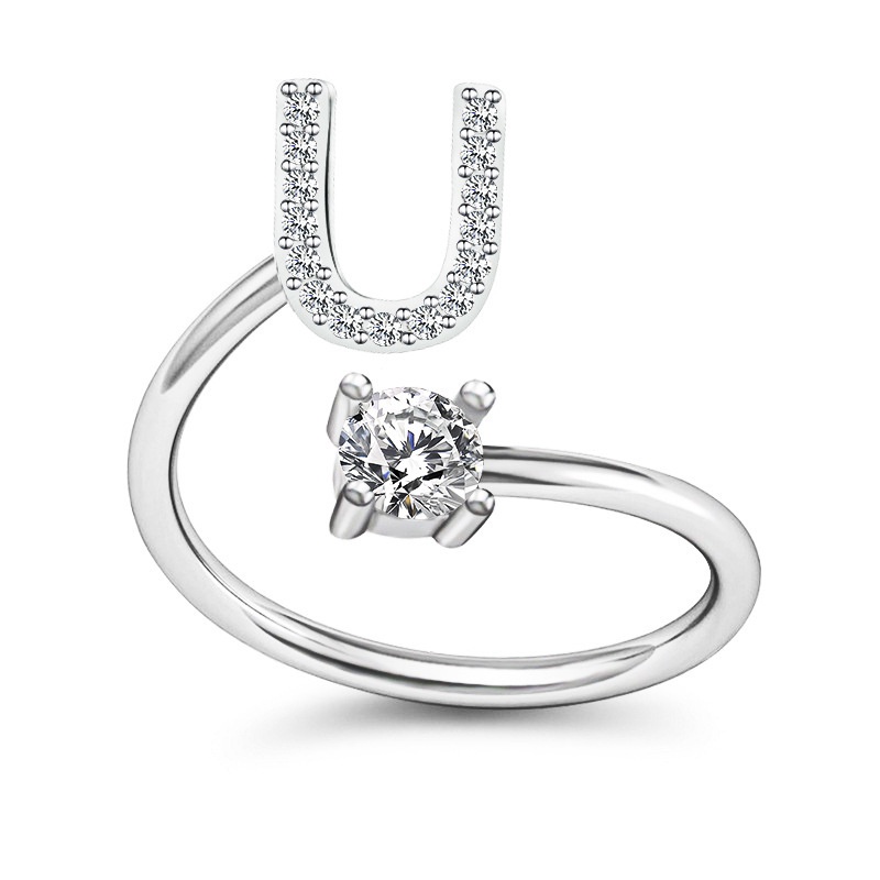 Korea Sederhana Surat Liar Berlian 26huruf Inggris Terbuka Adjustable Cincin Halo Perhiasan Gadis-U