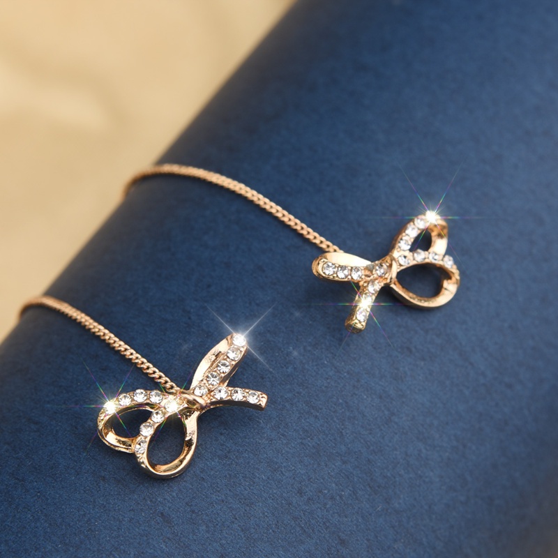 Berkilau Manis Manis Manis Drop Anting-Anting Pengantin Pesta Pernikahan Telinga Perhiasan Aksesoris Fashion Panjang Rumbai Anting-Anting Vintage Elegan Zirkon Busur Liontin Anting-Anting Untuk Wanita Perempuan