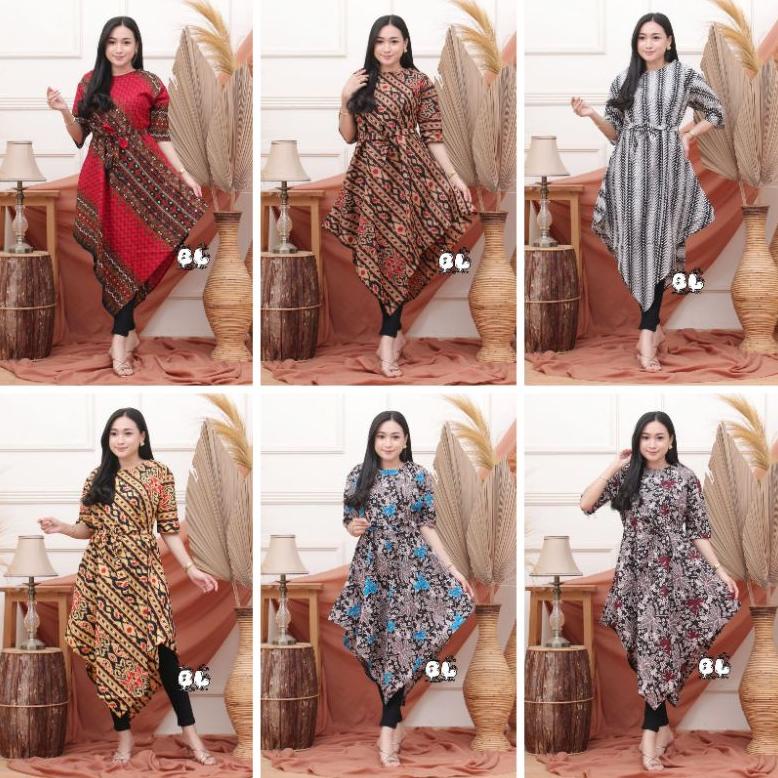 PRODUK- BAJU DRESS WANITA MODERN MODEL TERBARU MOTIF BATIK LENGAN PENDEK SELUTUT PARTY NATAL SERAGAM