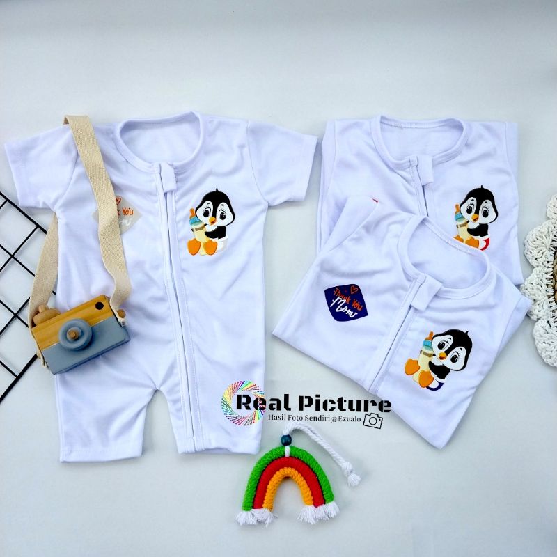 EZVALO BABY - Romper Resleting bayi unisex gambar pinguin lucu 0-3 bulan