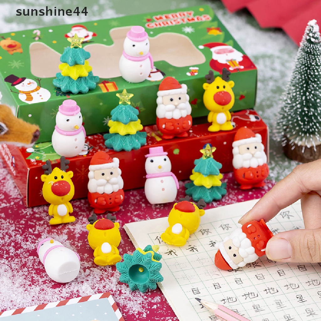 Sunshine 4pcs / Set Penghapus Pensil Motif Santa Claus Natal Untuk Stationery Anak / Sekolah / Kantor