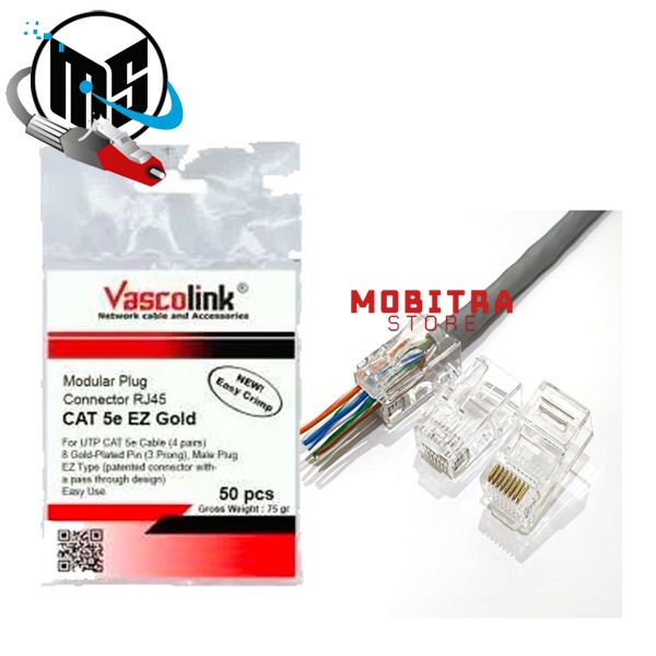 Connector Rj45 UTP Cat5 VASCOLINK EZ Gold isi 50 ANTI GAGAL konektor