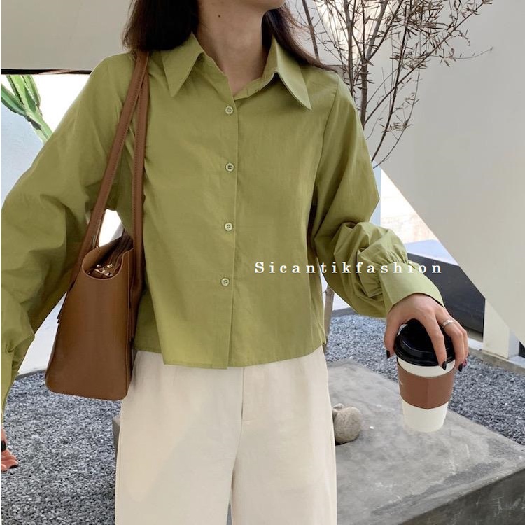 Kemeja Wanita Linen Crinkle / Kemeja Crop Wanita / Korean Shirt / Kemeja Lengan Panjang