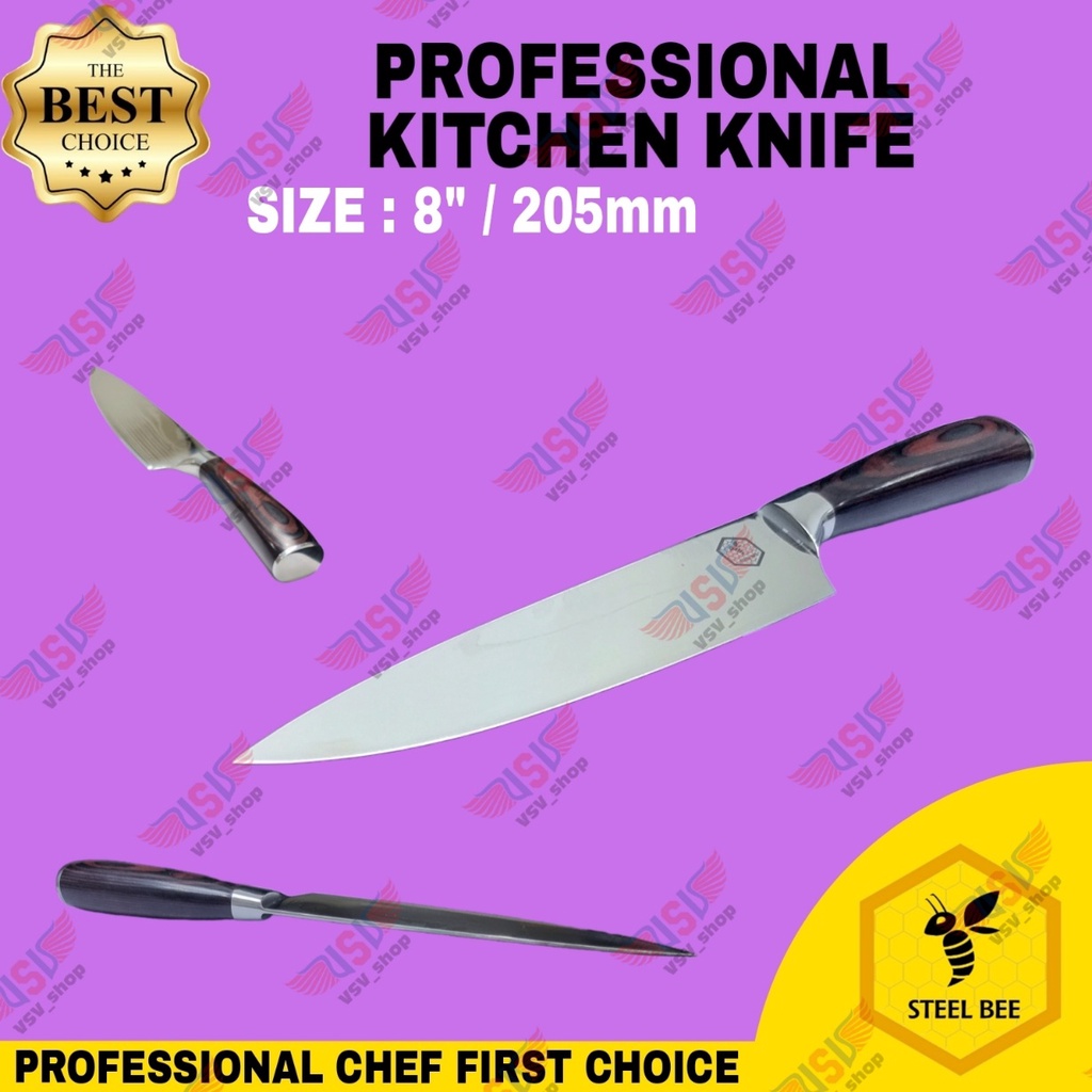 Steel Bee Pisau Dapur Gagang Kayu Premium Chef's Knife 8&quot; Tahan Karat