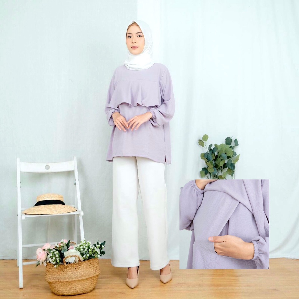 CECIL - Atasan Blouse Crinkle Airflow Tunik Baju Menyusui Nursingwear Bukaan Samping Kanan Kiri Busui Hamil Breastfeeding Tunic Panjang