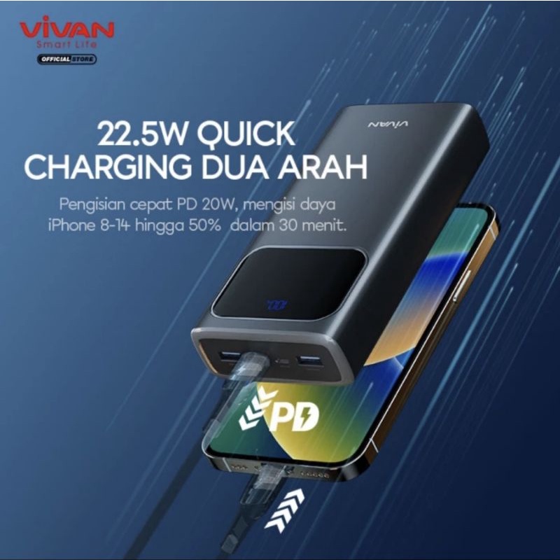 Vivan VPB-C30 Powerbank 30000mAh Fast Charging PD+QC3.0 VOOC