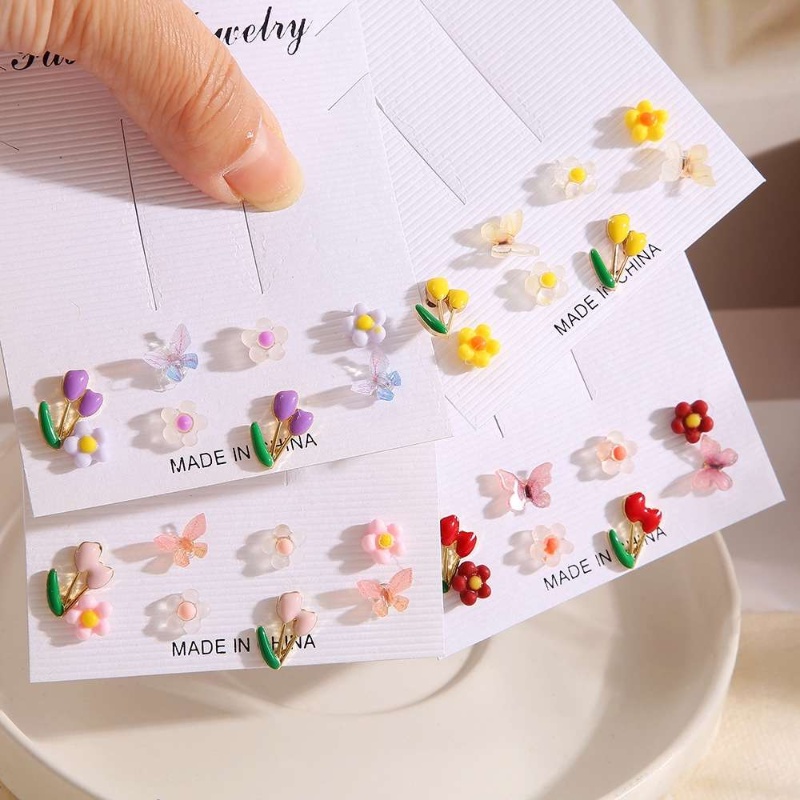 8 Pasang / Set Anting Stud Bentuk Bunga Tulip Butterfly Warna-Warni Gaya Simple Untuk Wanita