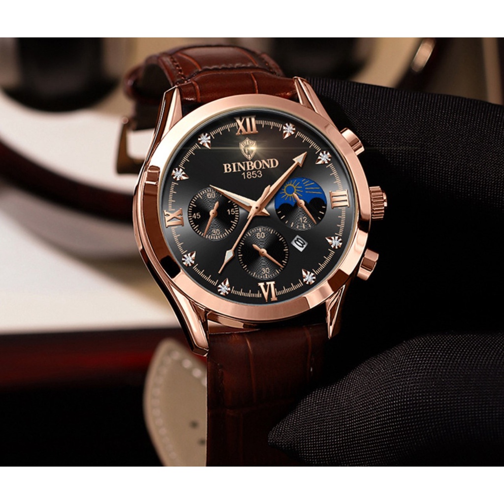 Jam Tangan Pria Kulit dan Stainless Impor Binbond B3591 Original Tahan Air Fashion Business Auto Date Analog