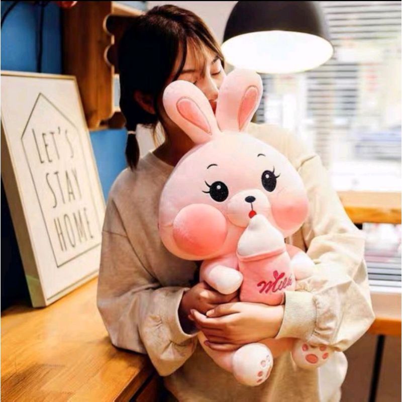 Boneka Kelinci pegang dot susu /Boneka Rabbit Pink Milk Bottle