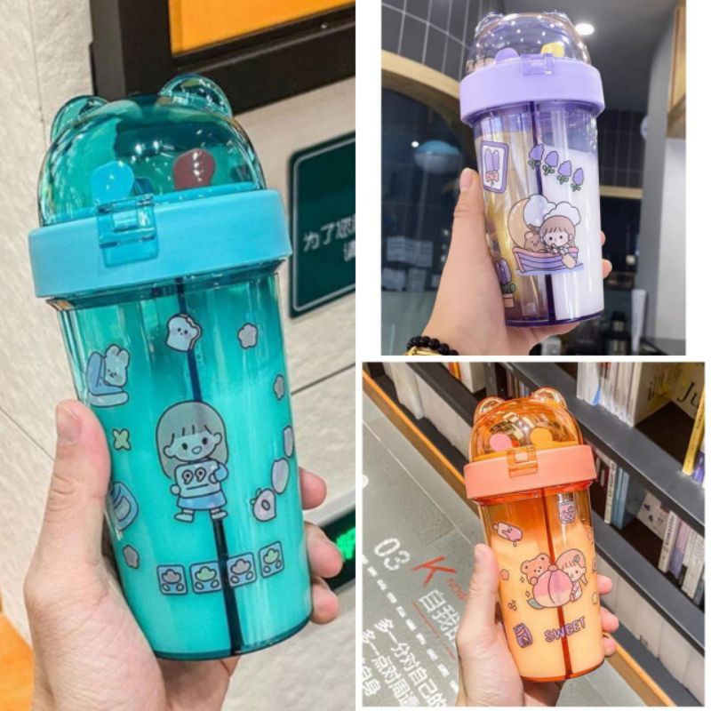 Botol viral sekat, botol sekat, botol 2 sisi air minum sedotan