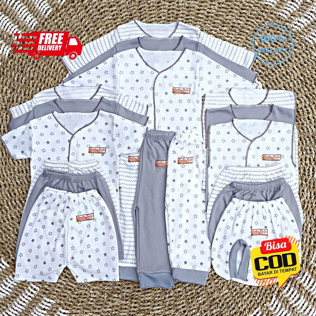 SALE 7.7 - 18 PCS Baju Bayi Celana Bayi Baru Lahir Newborn Bolo-Bolo Serian ABU